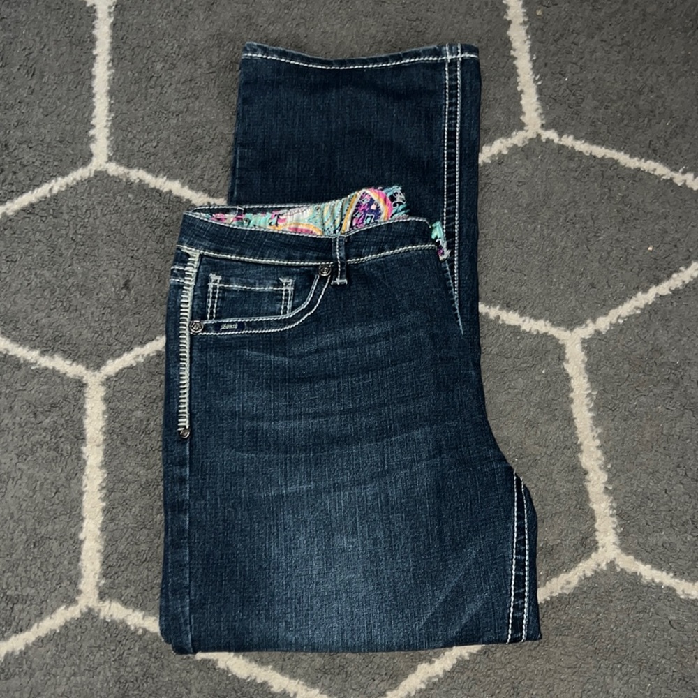 Adiktd Floral Waistband Design Pocket Blue Denim Bootcut Jeans Size 18